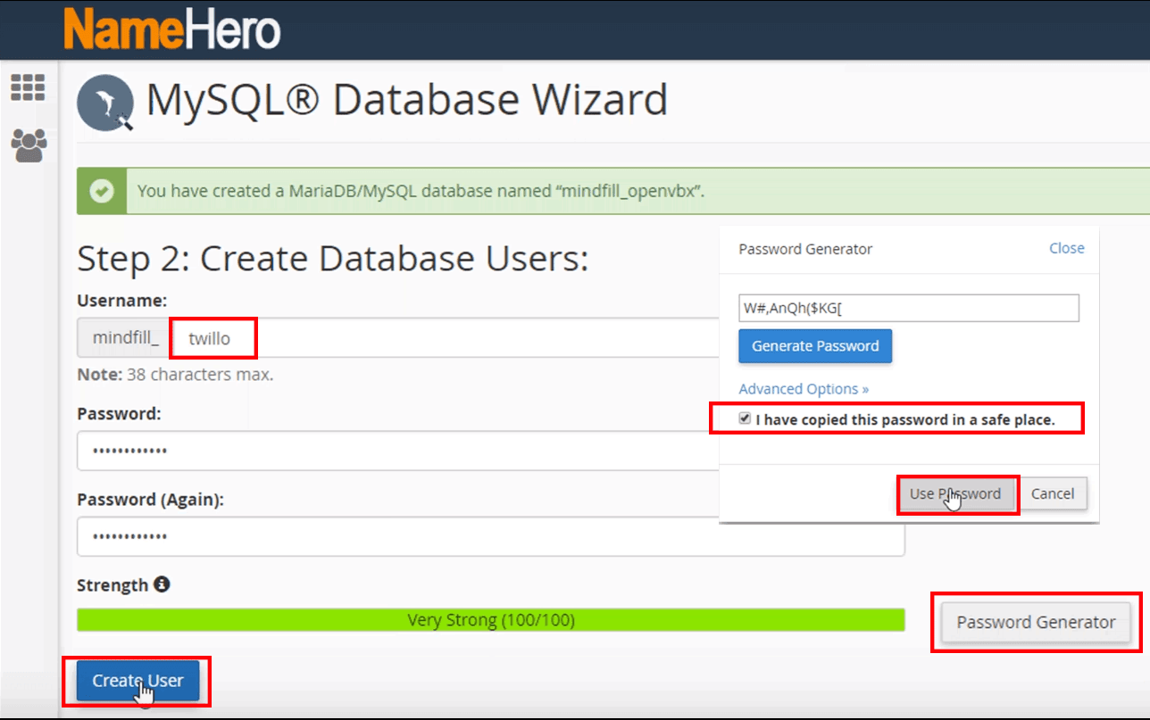 Creating a new database username in MySQL Database Wizard