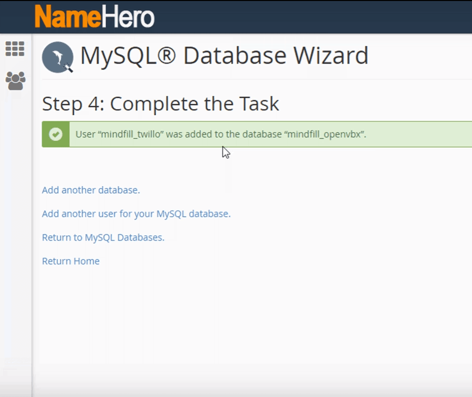 Completed MySQL database wizard