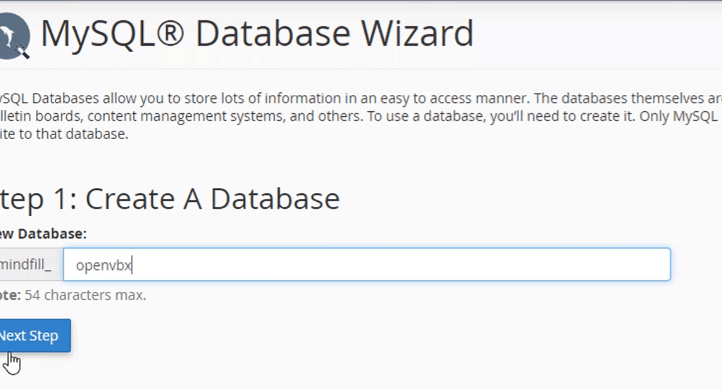 Creating a new database in MySQL Database Wizard